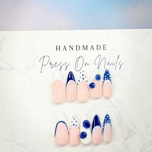 Elegant Blue and White Handmade Press-On Nails
